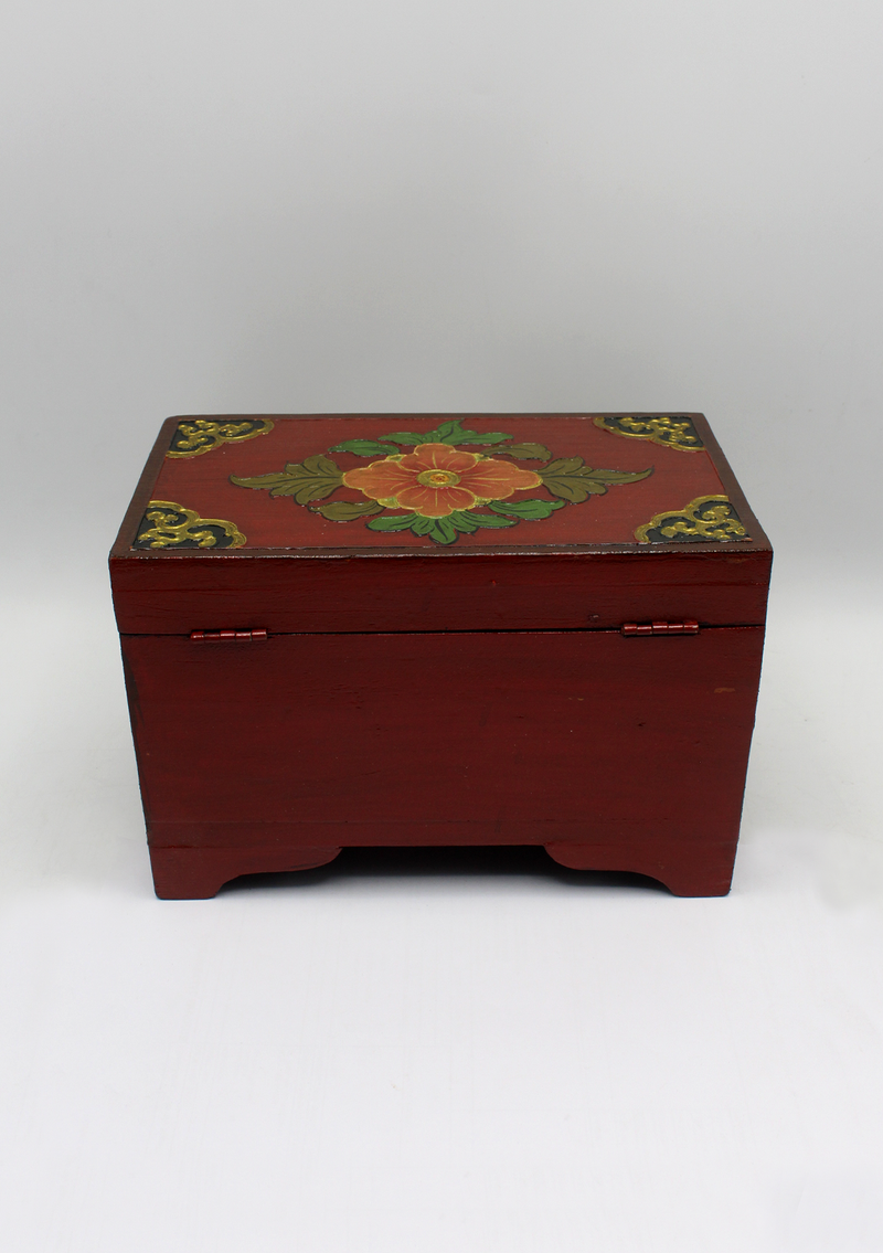 Handpainted Tibetan Red Flower Wooden Box with Parasol- Large