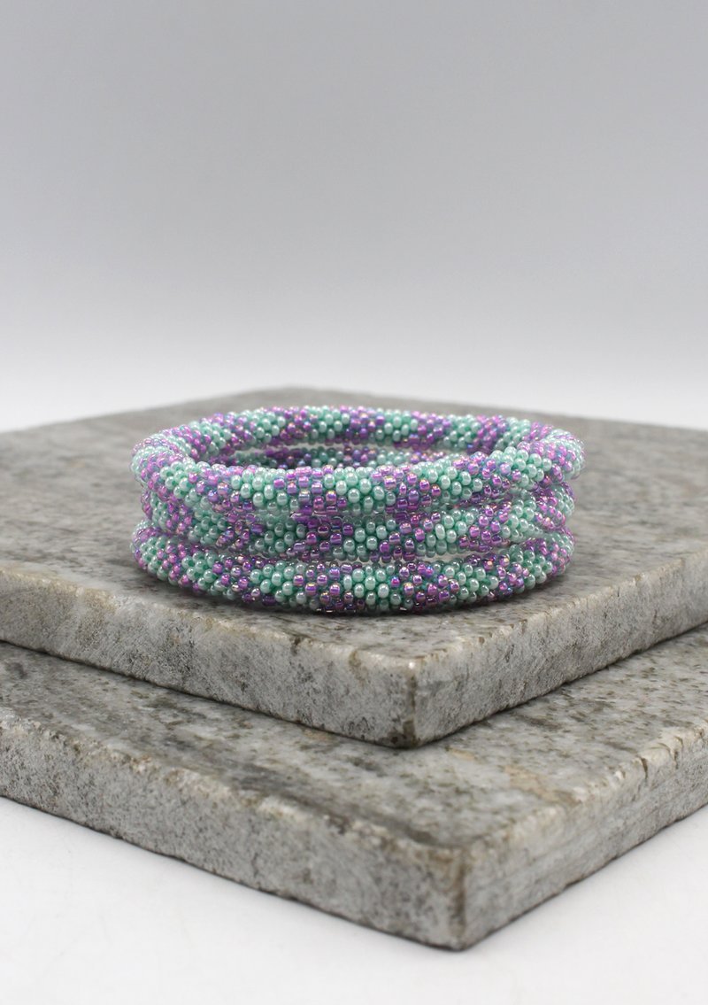 Blue  Purple Stripe  Nepalese Roll on Beads Bracelet