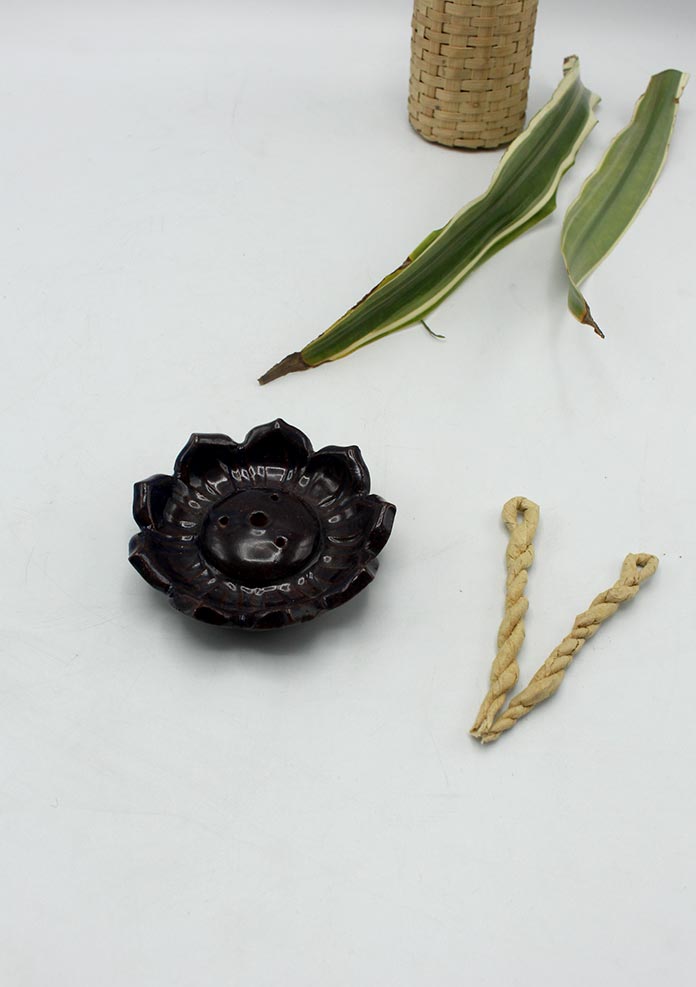 Purple Lotus Flower Ceramic Incense Burner for Sticks and Rope Incense