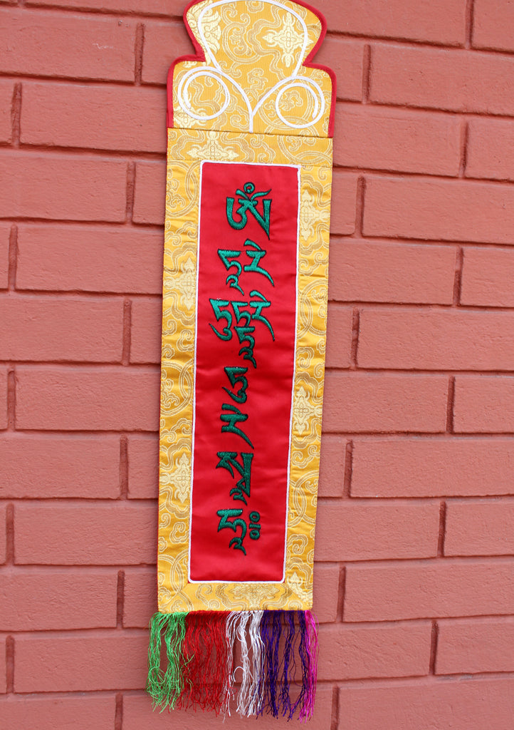 Tibetan Deities Tara Mantra Embroidered Polyester Brocade Wall Hanging Banner
