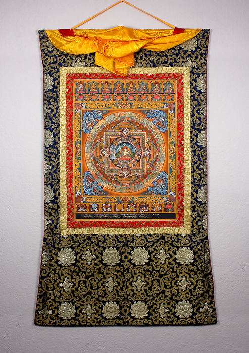 Brocade Framed Chenrezig Mandala Thangka | Handmade Spiritual Wall Art from Nepal