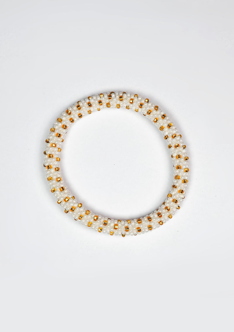 White & Gold Nepalese Roll Bead Bracelet – Handmade Fair Trade Jewelry
