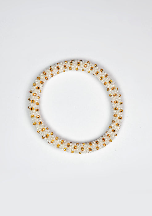 White & Gold Nepalese Roll Bead Bracelet – Handmade Fair Trade Jewelry