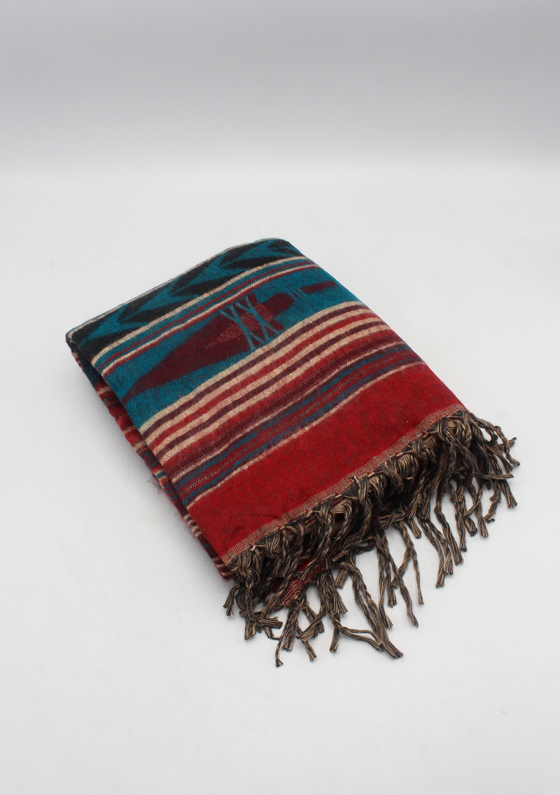 Hand loomed Red Blue Woolen Shawl Nepal- Nimrat