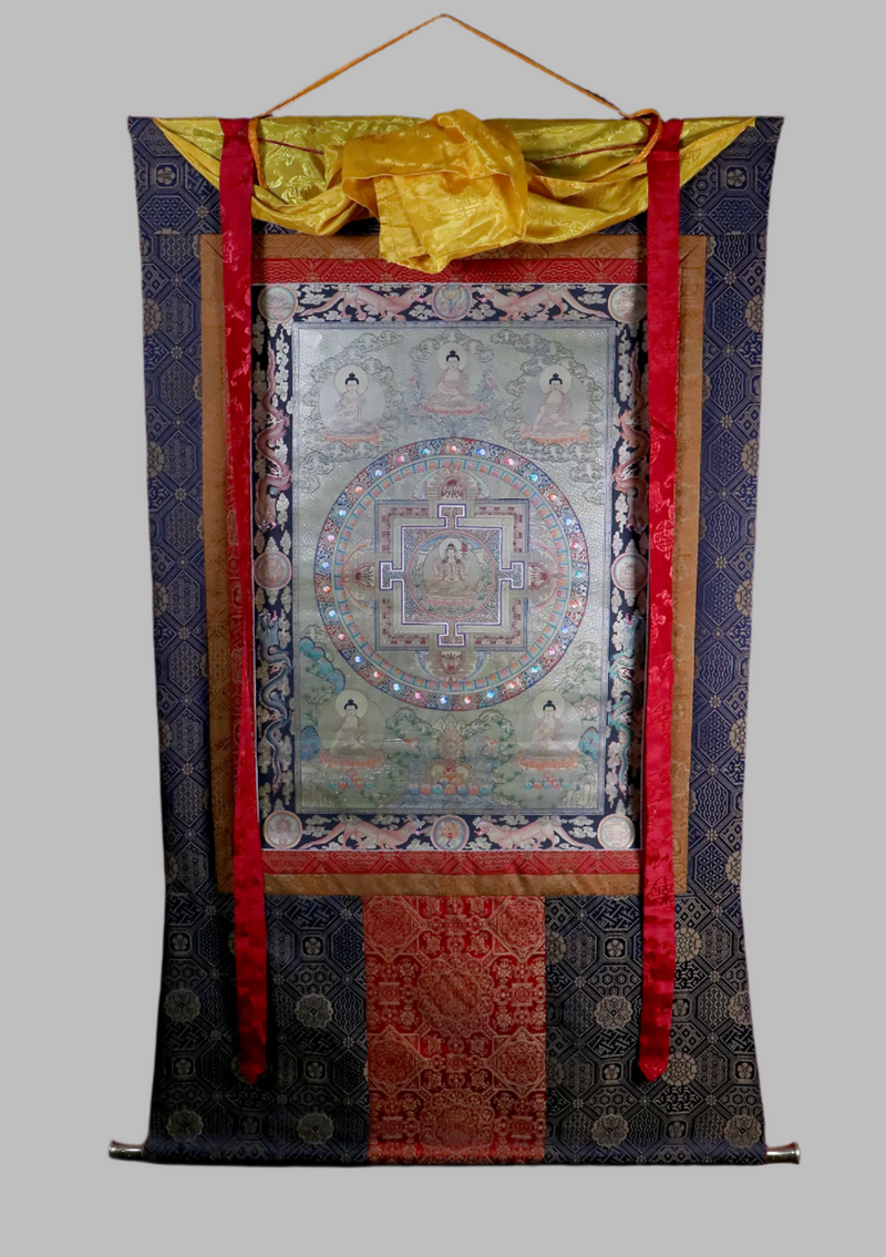 Pancha Buddha Mandala Silver  Brocade Thangka Painting