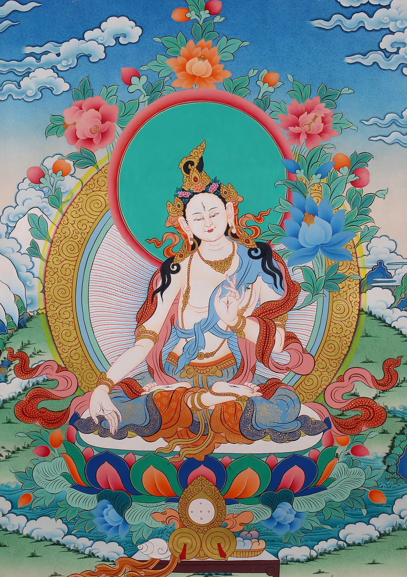 White Tara Khadi Brocade Thangka Painting