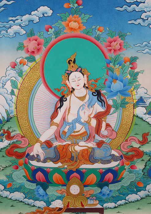 White Tara Khadi Brocade Thangka Painting