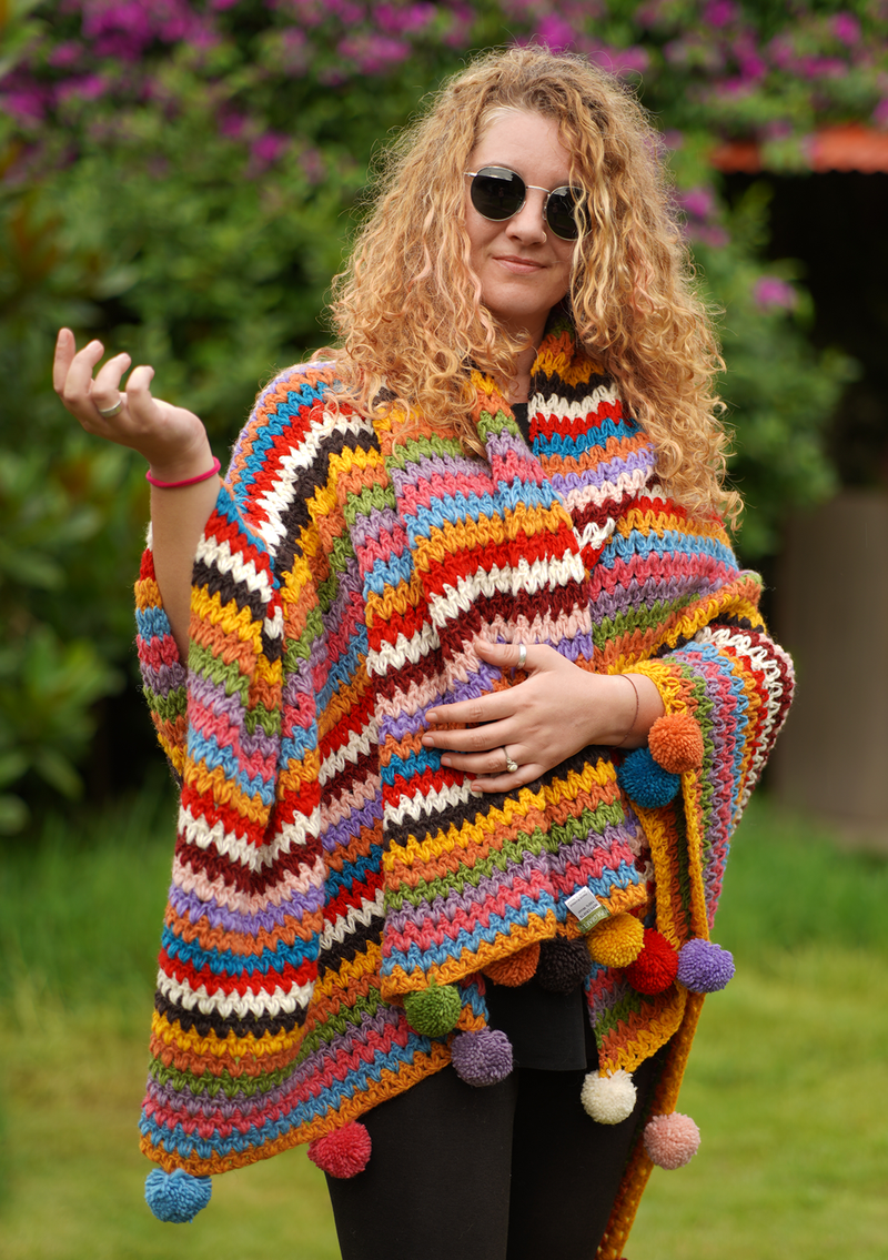 Rainbow Multicolor Hand Knitted Pom Pom Woolen Blanket