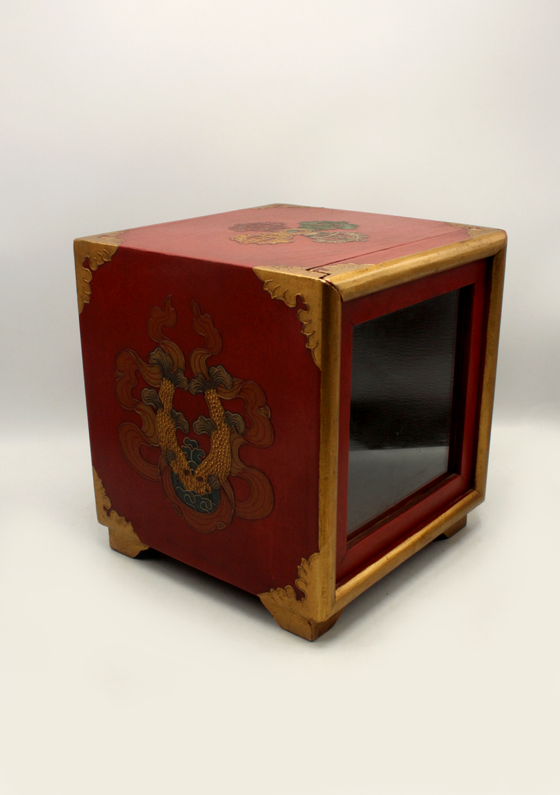 HandCrafted Tibetan Wooden Box for the Ritual Treasure Vase- The two golden fish