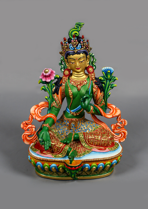 Green Tara Handpainted and Partly Gold Gilded Statue