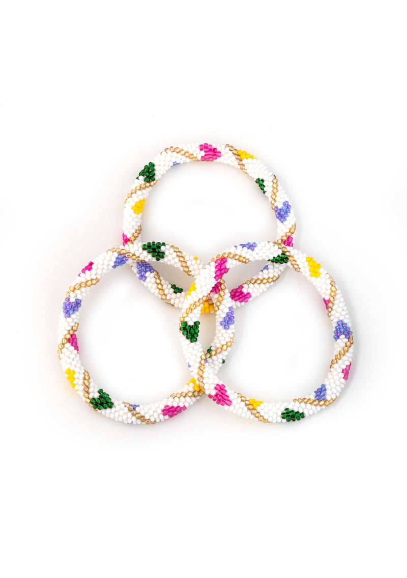 White Rainbow Hearts Nepalese Roll Bead Bracelet