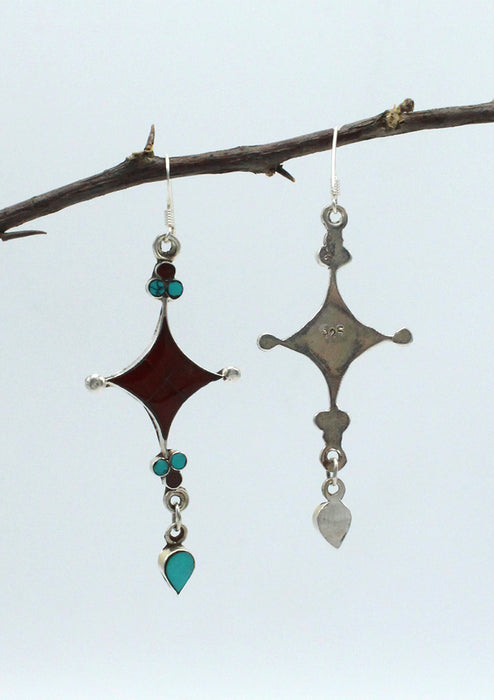 Sterling Silver Star Shaped Earrings with Inlaid Turquoise and Coral