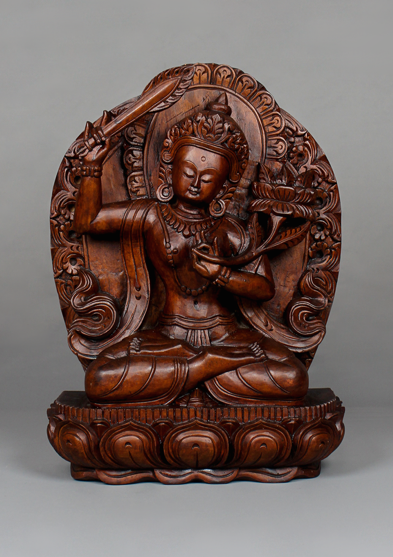 Manjushree Fine Carving Wooden Statue 12"H
