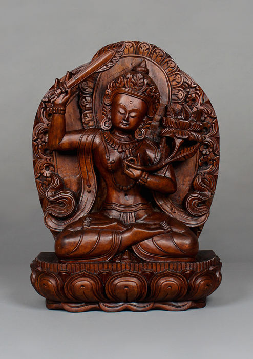 Manjushree Fine Carving Wooden Statue 12"H