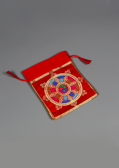 Dharma Wheel Brocade Drawstring Mala Red Bag