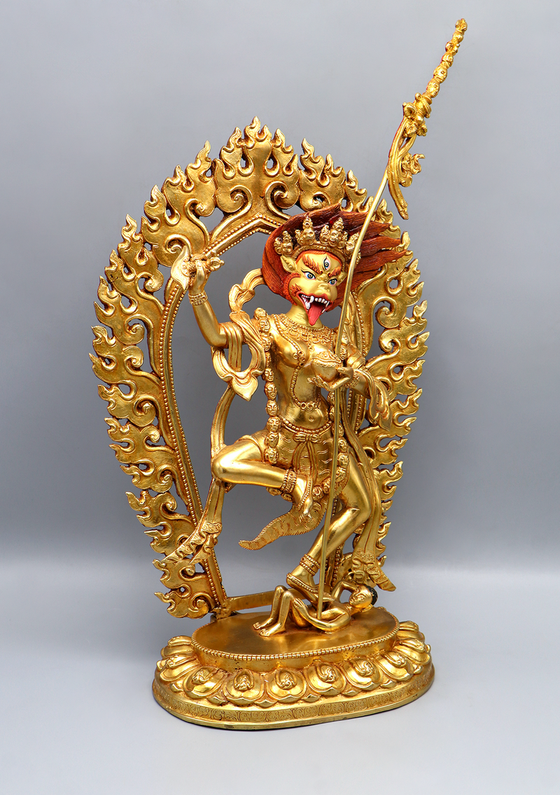 Fully Gold Plated Simhamukha Statue 13.5"H