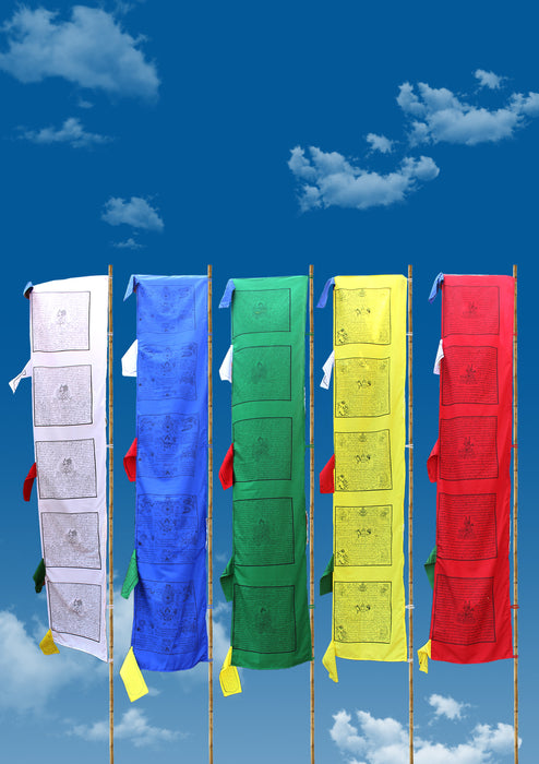 Set of Five Tibetan Deities and Windhorse Printed Vertical Prayer Flags