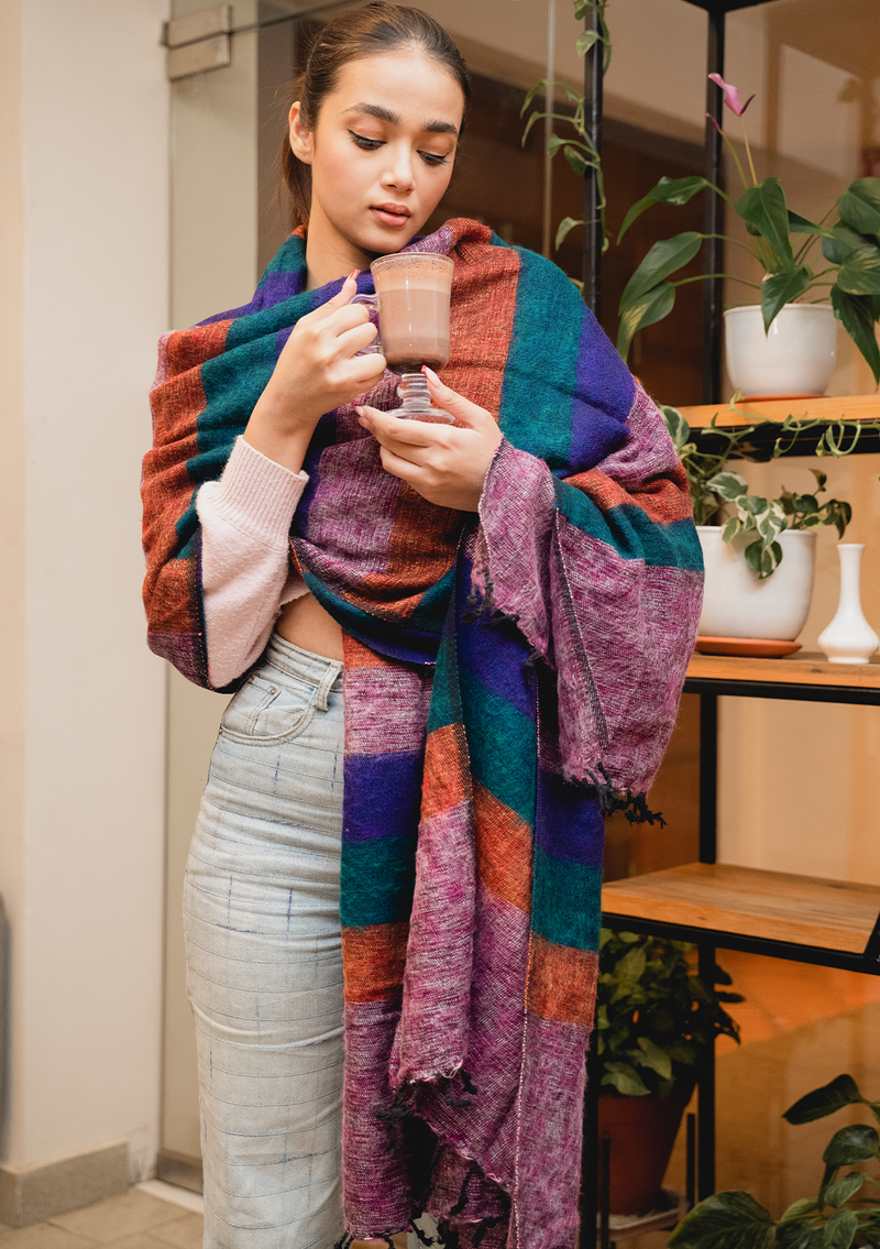 Green Blue Orange   Stripe  Hand-loomed Soft Yak Wool Blanket