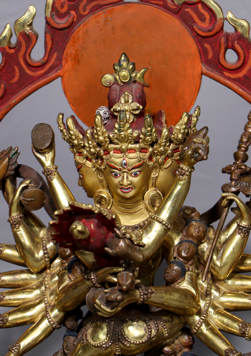 Old Style Gold Gilded Chakrasambhava Statue 14.5"H