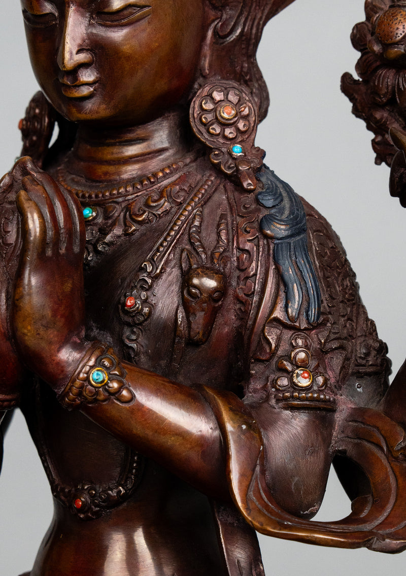 Handcrafted Copper Chenrezig (Avalokiteshvara) Statue with Stone Inlay