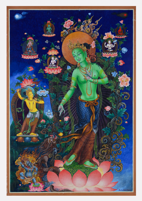 Standing Green Tara With Deities Thangka Painting Masterarts