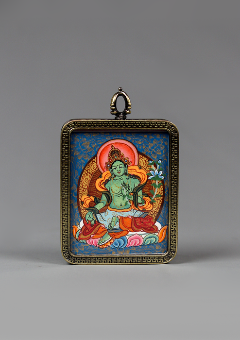 Green Tara Hand Painted Mini Thangka Amulet Pendant
