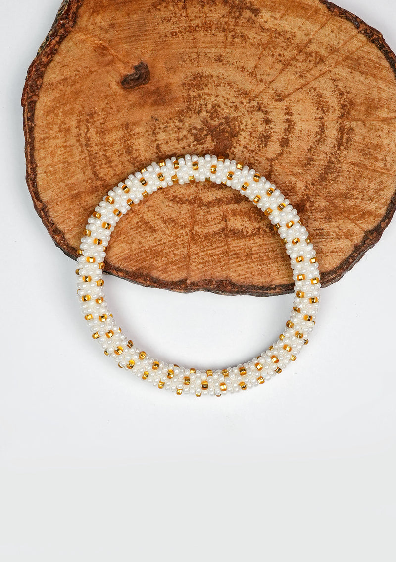 White & Gold Nepalese Roll Bead Bracelet – Handmade Fair Trade Jewelry