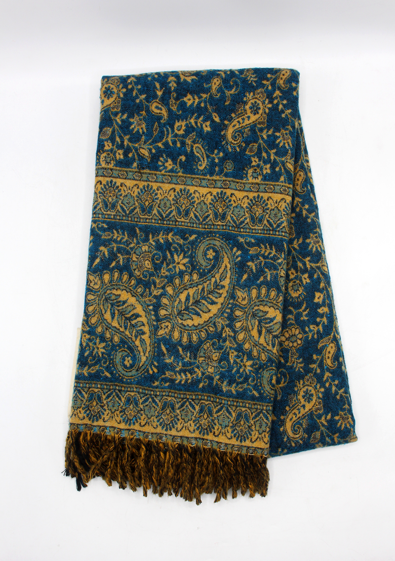 Hand loomed Leaf Blue Woolen Shawl