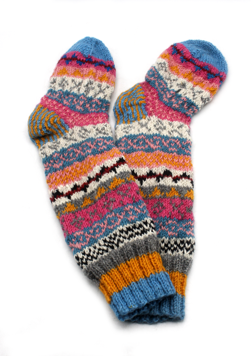 Light Blue Multicolor Woolen Knee High Socks