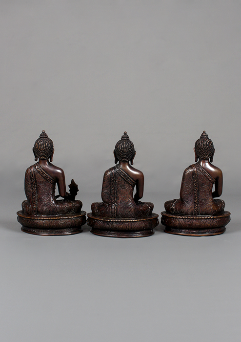 Copper Buddha Trinity Statue Set 4.75" H