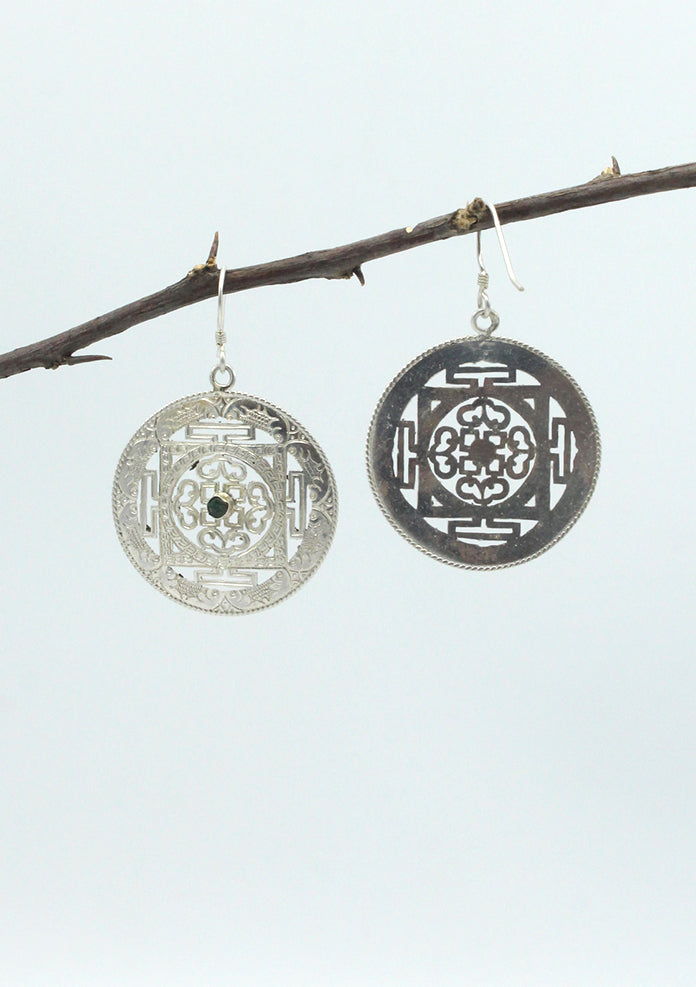 Sterling Silver Emerald Inlaid Mandala Earrings