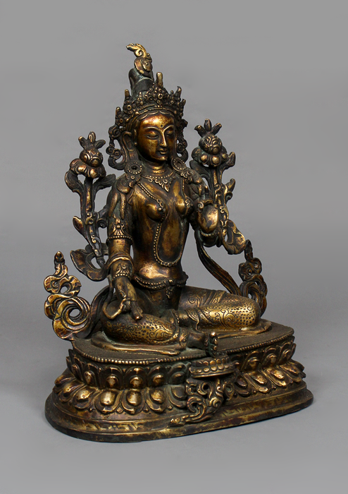 Antique Style Copper Green Tara Statue 9.5" H