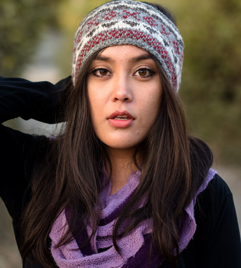 Gray Red Multicolored Pure Wool Head Band