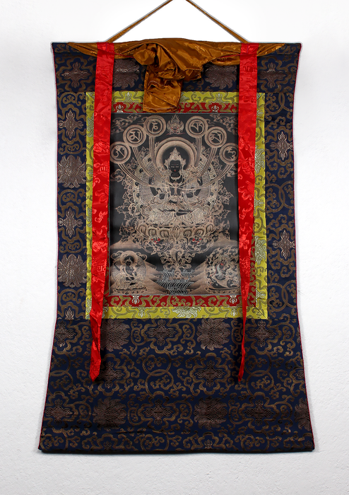 Chenrezig with OM Mani Mantra Brocade Thangka Painting