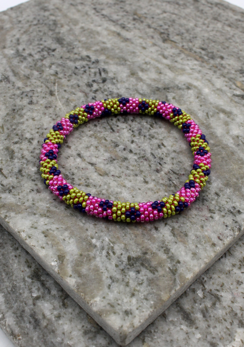 Pink Green Two Lines Nepalese Roll on Beads Bracelet