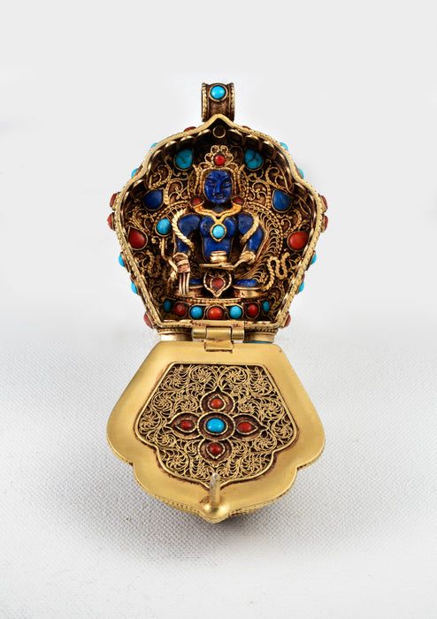 925 Silver Tibetan Ghau with Gold Plating - Green Tara, Chenrezig & Medicine Buddha