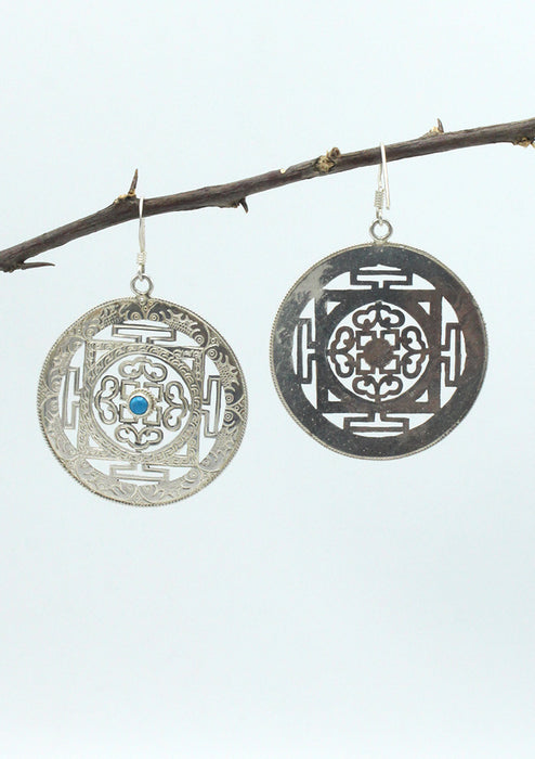 Sterling Silver Turquoise Inlaid Mandala Earrings Large