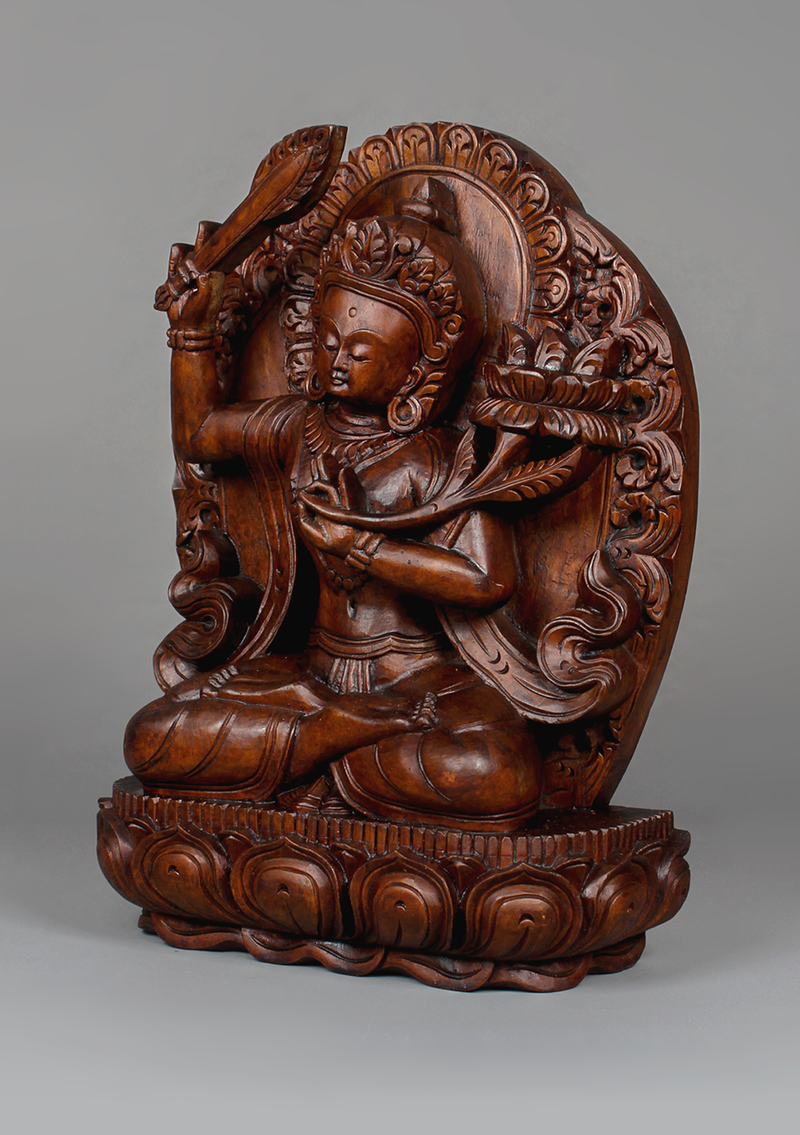 Manjushree Fine Carving Wooden Statue 12"H