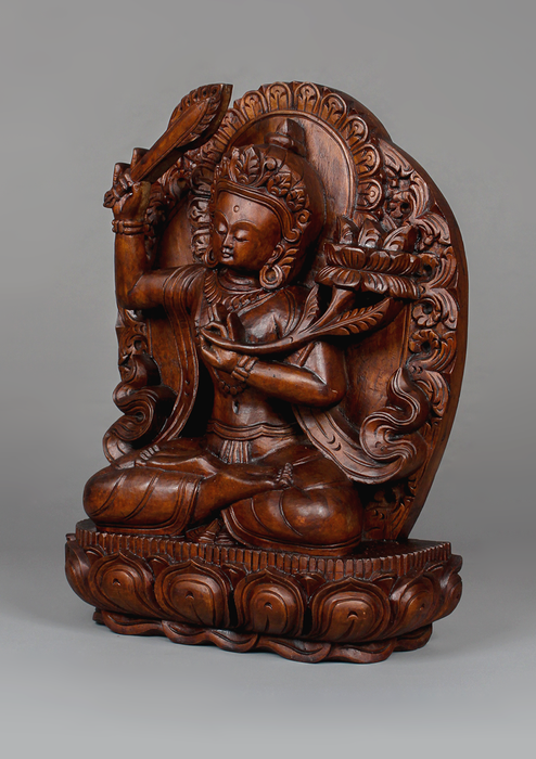 Manjushree Fine Carving Wooden Statue 12"H