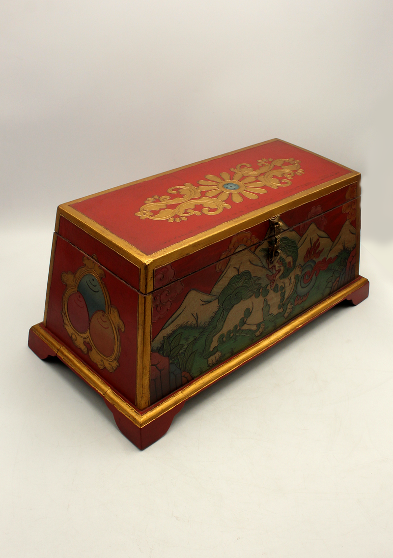 Handpainted Tibetan Snow Lion Wooden Box- Exra Large