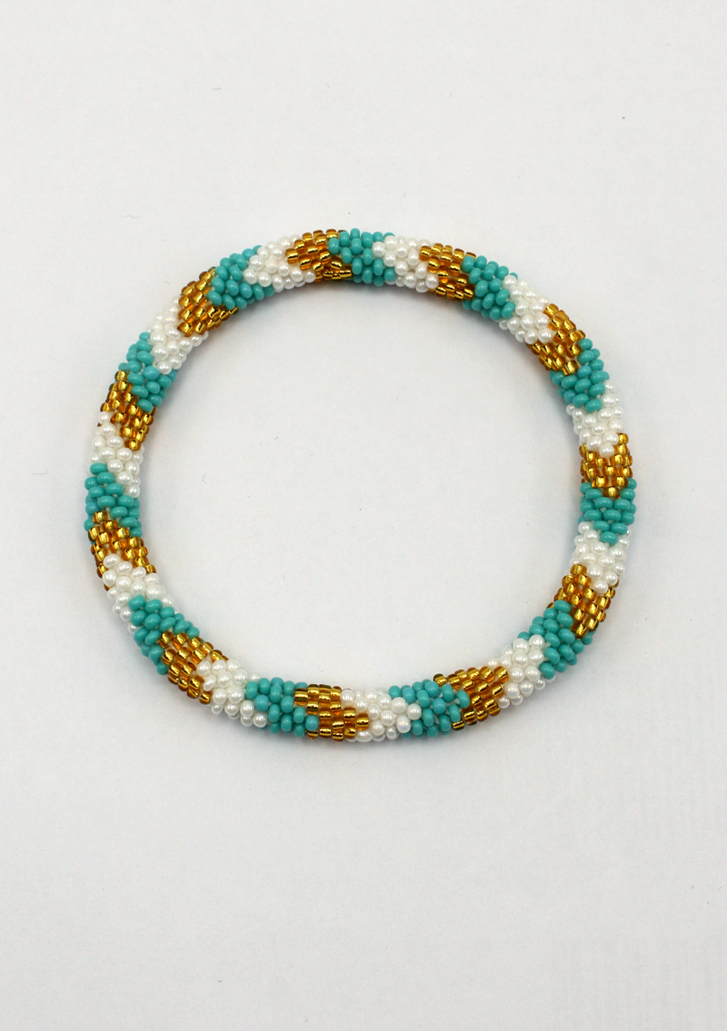 Blue White Roll on Beads Gold Bracelet