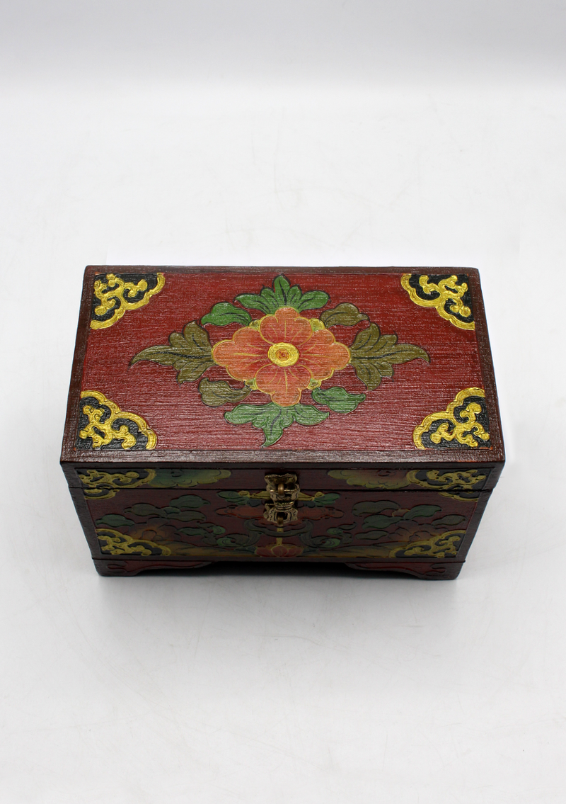 Handpainted Tibetan Red Flower Wooden Box with Parasol- Large