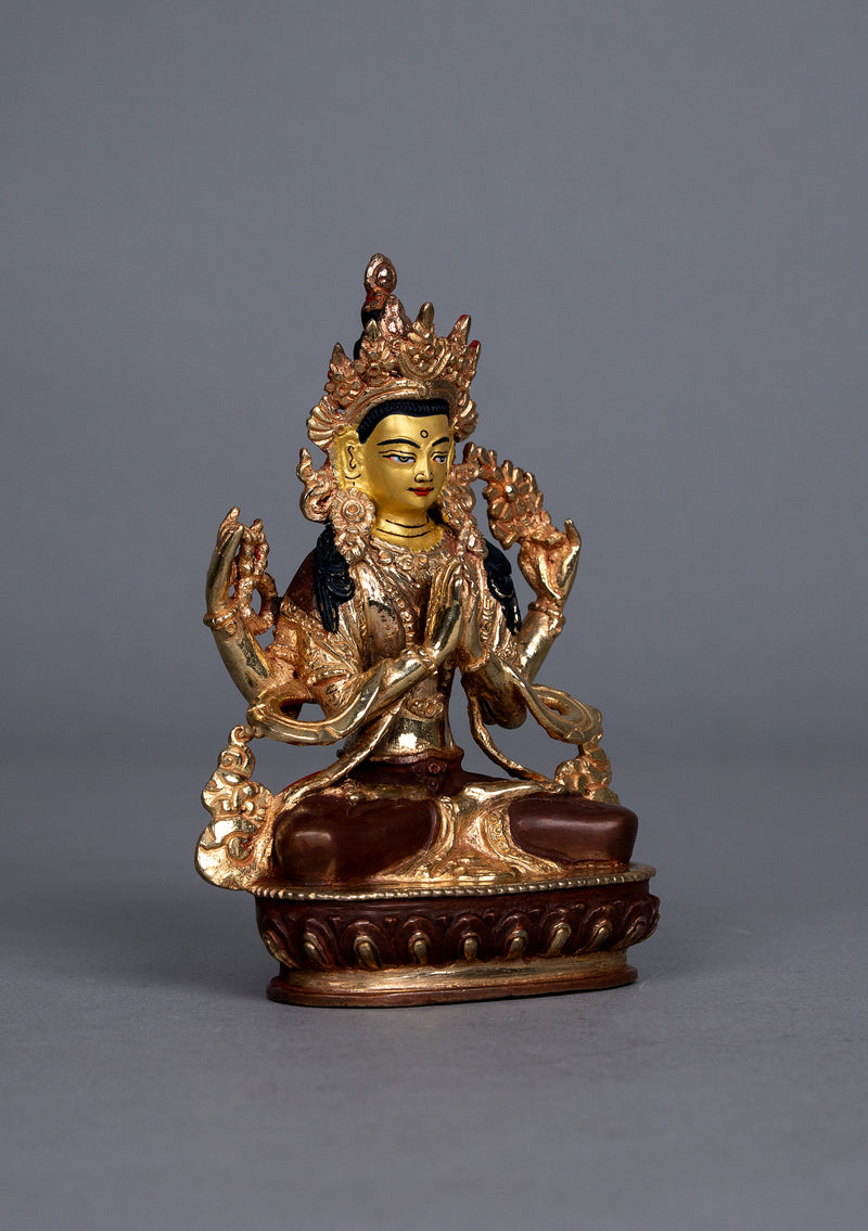 Partly Gold Plated Chenrezig Statue 5.5" H