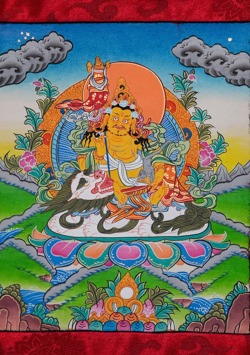 Yellow Dzambhala Thangka Painting with Brocade