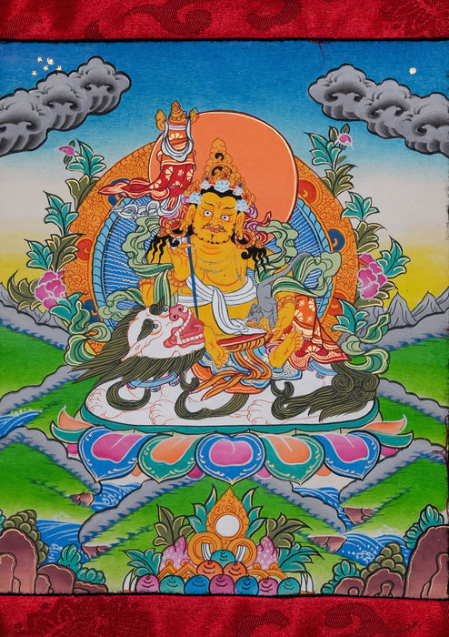 Yellow Dzambhala Thangka Painting with Brocade