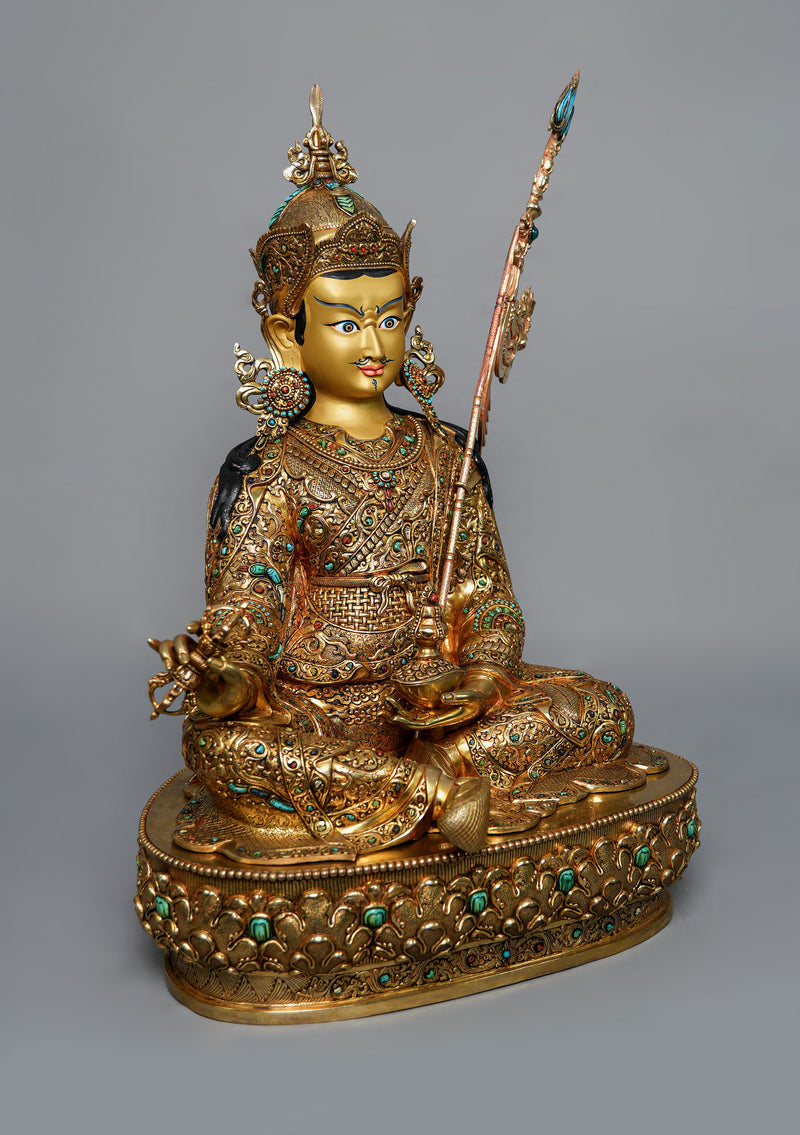 Masterpiece 24K Gold Plated Stone Inlaid Guru Padmasambhava Statue 2 feet High