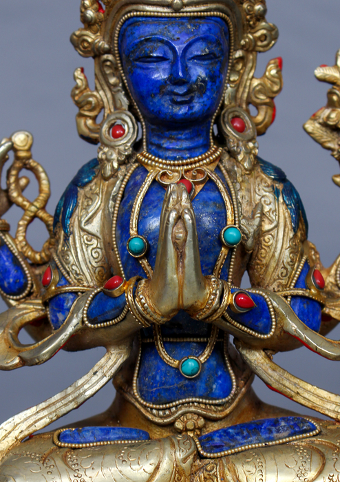 Gold Plated Lapis Lazuli Chenrezig Statue 8.75" H