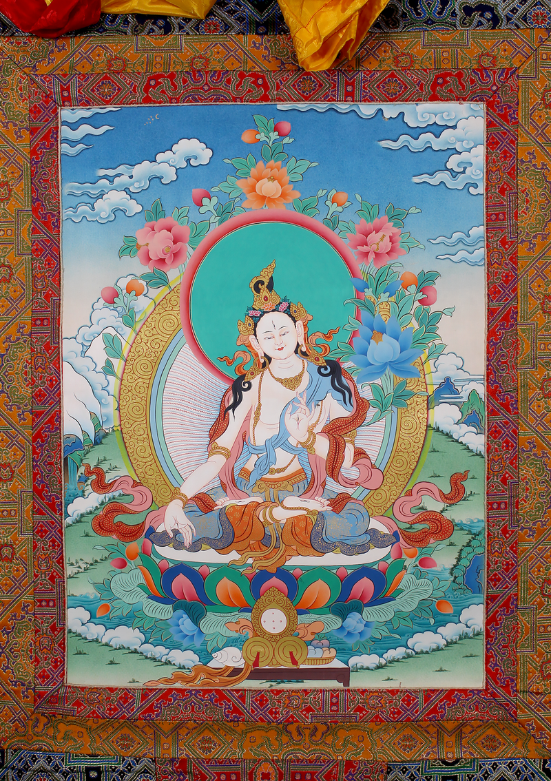 White Tara Khadi Brocade Thangka Painting