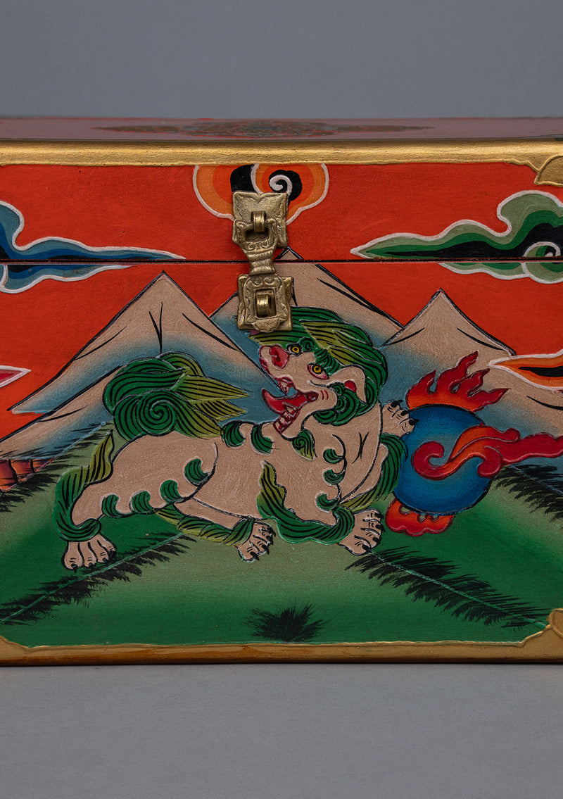 Handpainted Tibetan Snow Lion & Doube Dorjee Wooden Altar Box