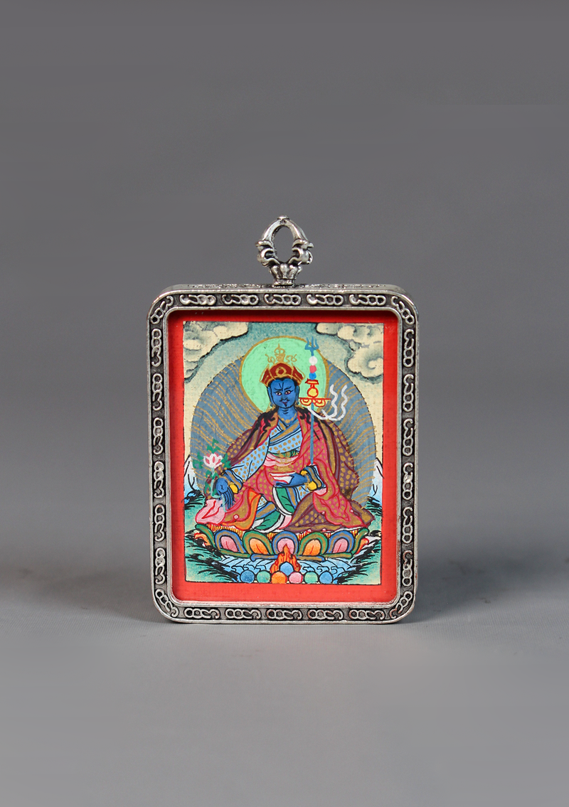 Guru Rinpoche Thangka Amulet Pendant Silver Color Frame